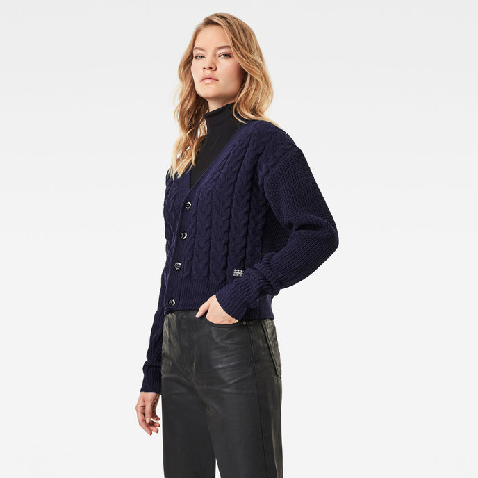 Cable knit cardi wmn l\s tmavomodrý