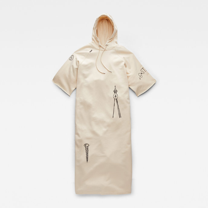 Long printed hooded sweat dress béžové