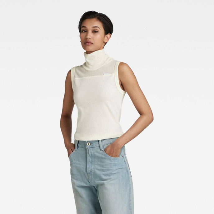 Fabric mix funnel tank top biely
